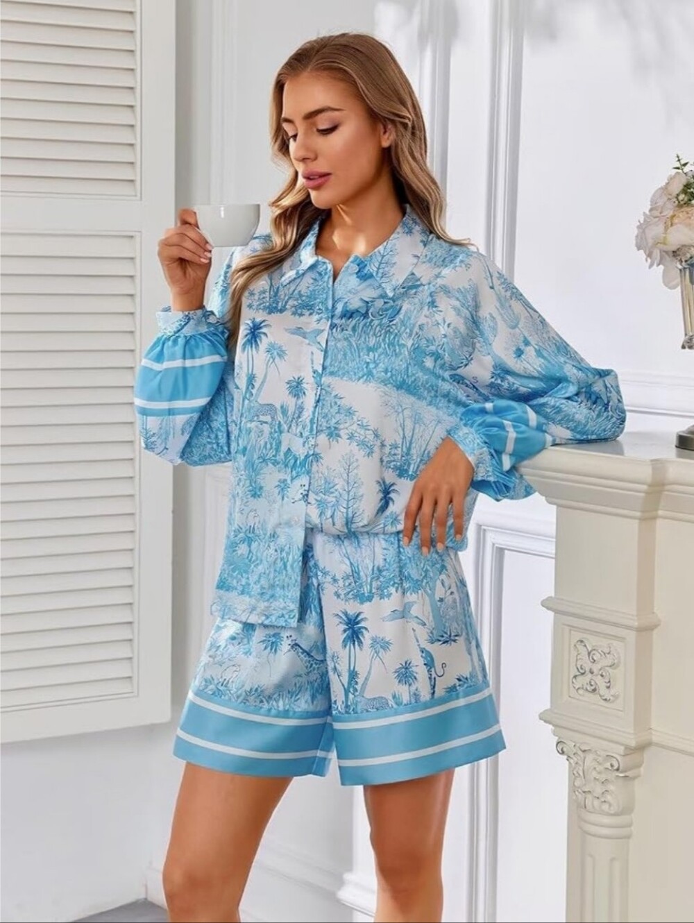 Silk Satin Animal Jungle Print Button Down Long Sleeve And Shorts Lounge Sets